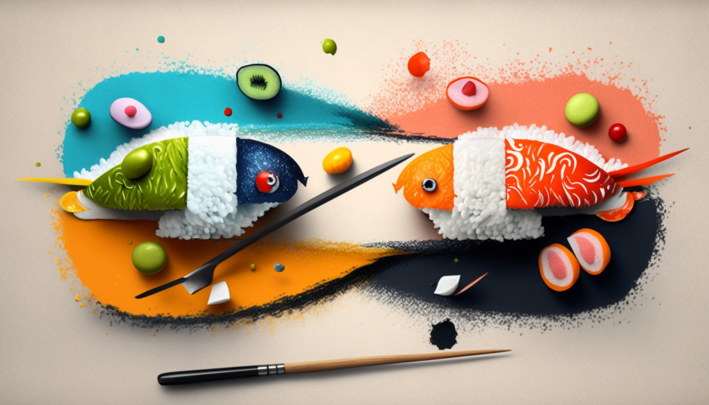 disegno di un pezzo di sushi e uno di sashimi per mostrarne le differenze