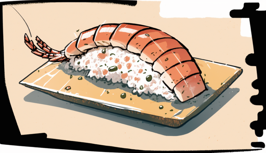 disegno di un pezzo di ebi nigiri, il sushi nigiri con gambero crudo
